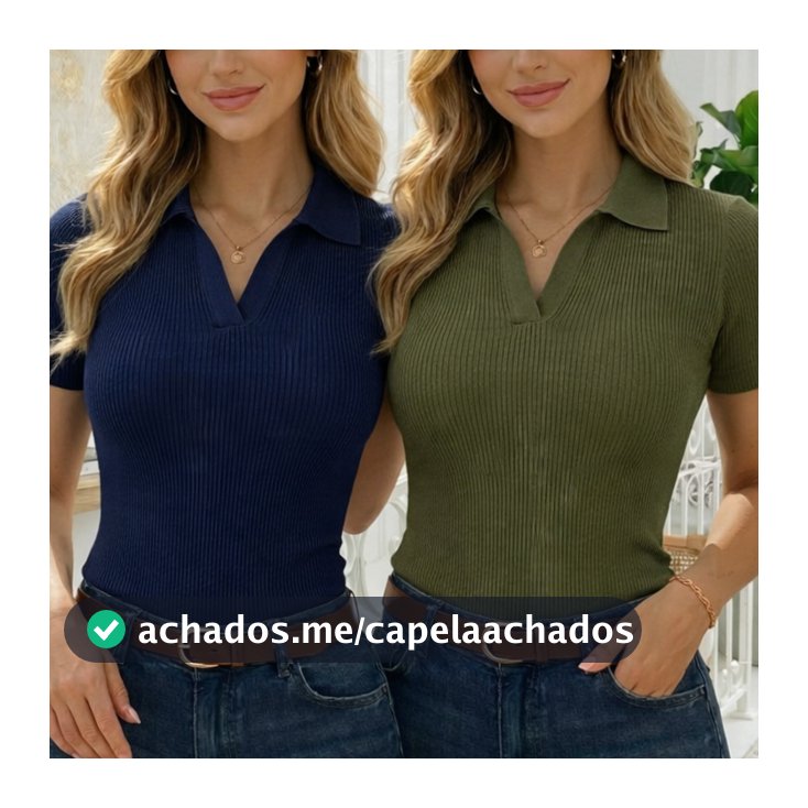 Kit 2 Blusas Polo Feminina Manga Curta Decote V Canelada Confortável