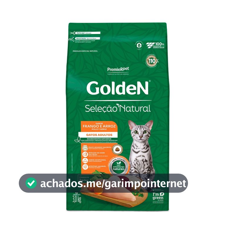 Ração Golden Seleção Natural Gatos Adultos Frango e Arroz 3kg