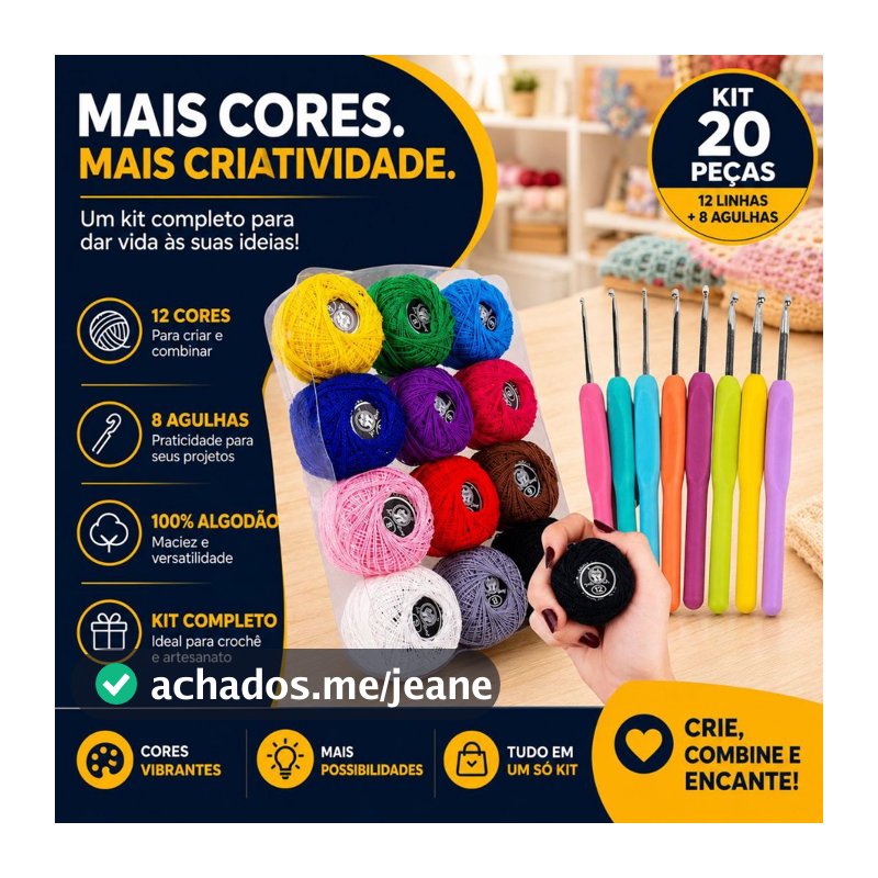 Kit Crochê Completo 12 Linhas Coloridas 100% Algodão + 8 Agulhas Ergonômicas Amigurumi Iniciante -NY