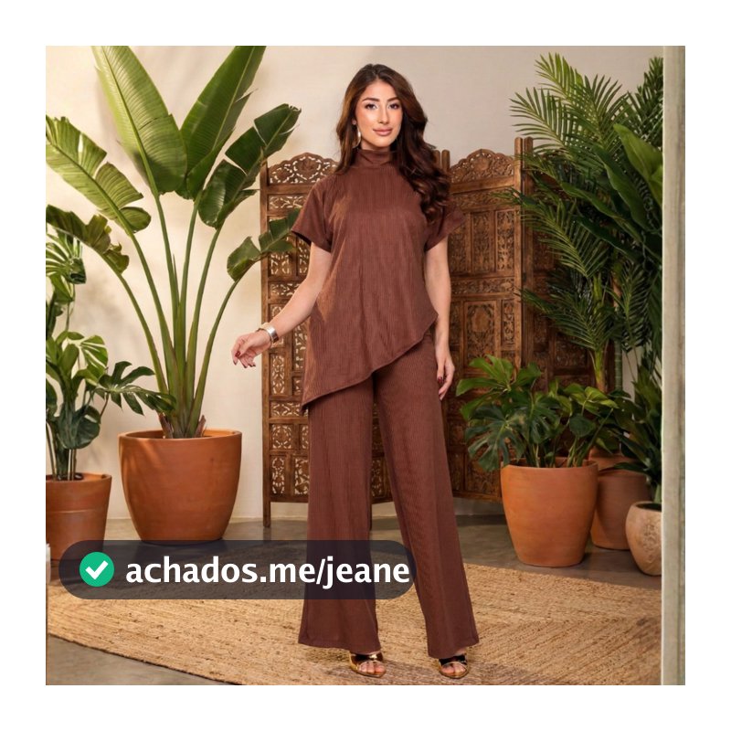 Conjunto Feminino Calça Soltinha Forrada Blusa Com Fenda Elegante Casual Malha Canelado Premium Zero Transparência