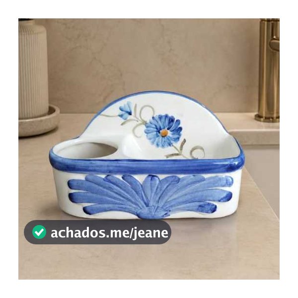 Porta Detergente Sabão Flor Azul Em Cerâmica Pintado Á Mão