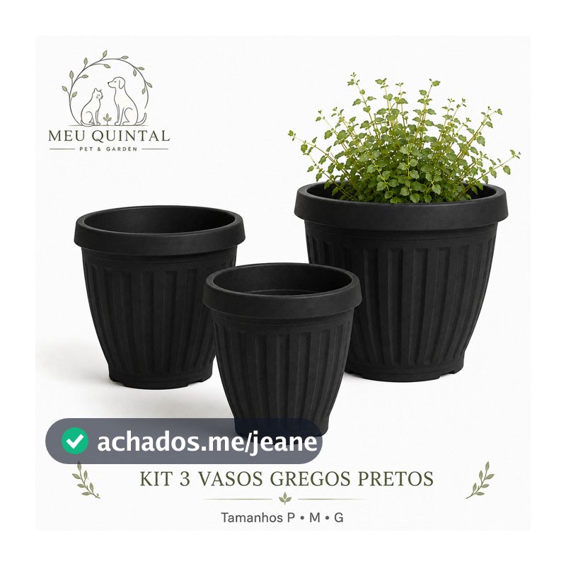 Kit 3 Vasos Gregos Redondos Pretos P 2,2L M 4,8L G 9L Para Plantas Jardim Decoração