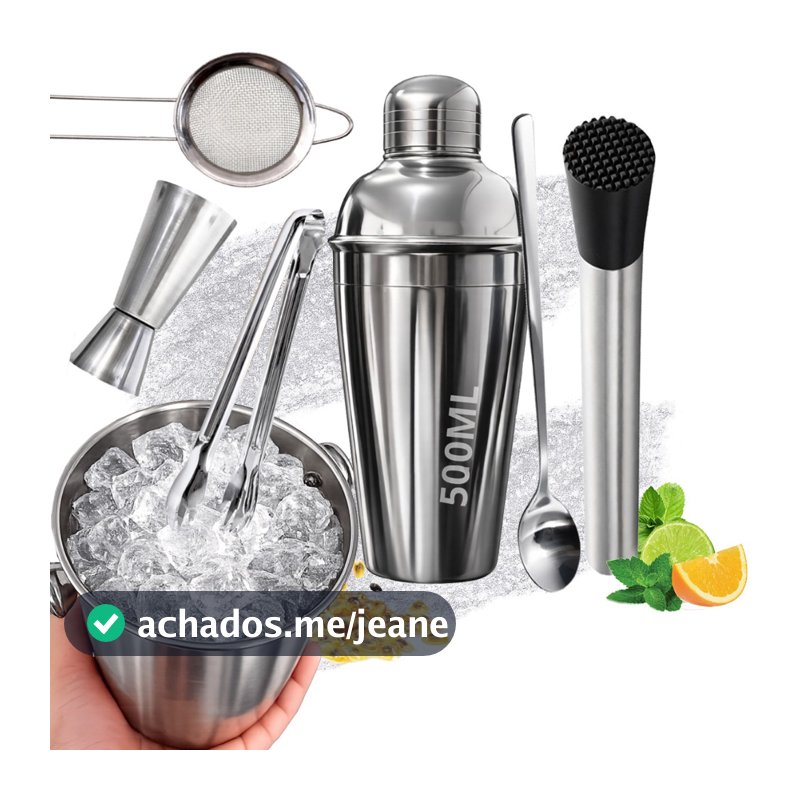 KIT Caipirinha Bartender 7 Pç Inox Coqueteira Socador Dosador Balde Colher Pegador  Peneira Completo