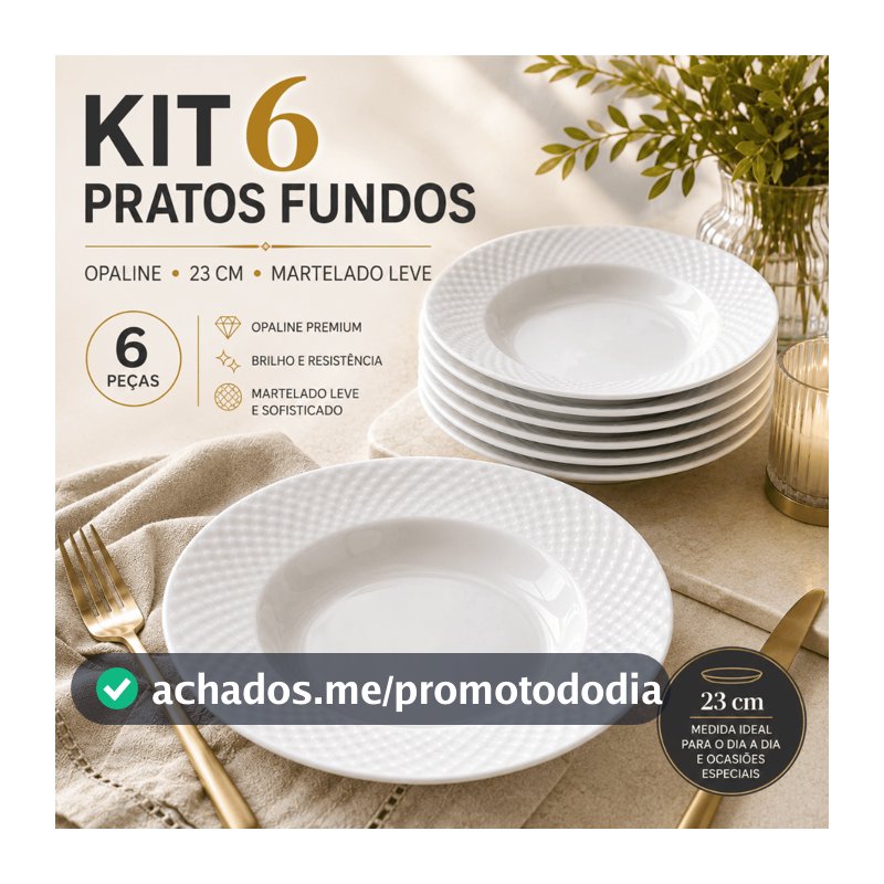 Kit 6 Pratos Fundos 23cm Opaline Branca Borda Martelada