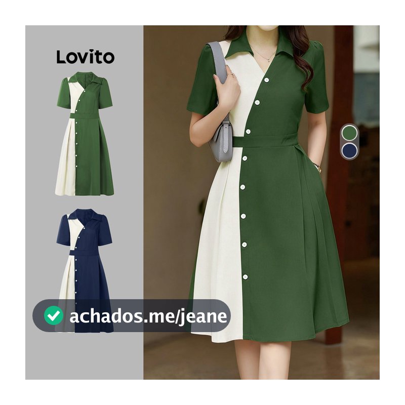 Lovito Elegante Vestido com Botão e Blocos de Cores para Primavera/verão feminino LK5LD225