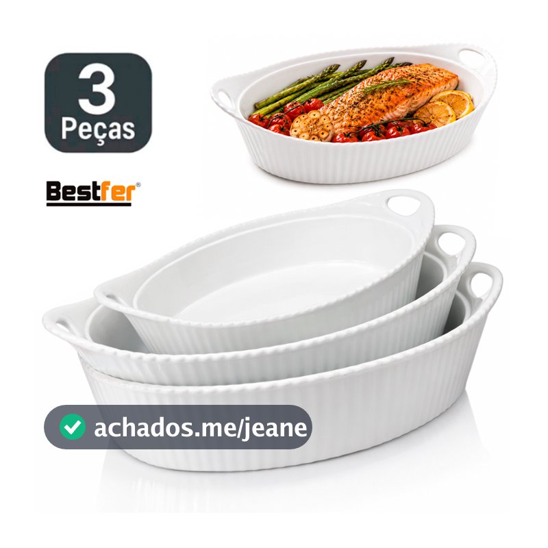 Conjunto Jogo de Travessas 3 peças Oval em Melanina Bestfer PMG Branca opaline Saladeira
