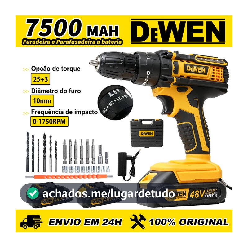 Parafusadeira Furadeira de Sem Fio Impacto 3 Funções 2 Baterias 48V Com Maleta e Acessórios Completo