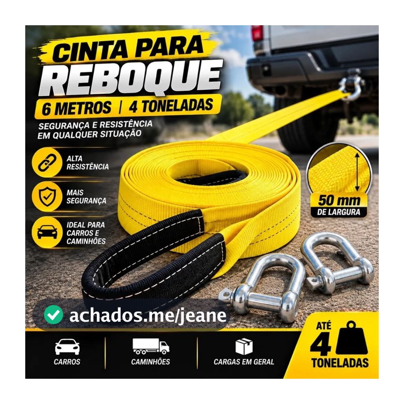 Cinta de Reboque 6m 4 Toneladas 50mm, 2 Ganchos de Aço Reforçado, para Carros e Caminhões