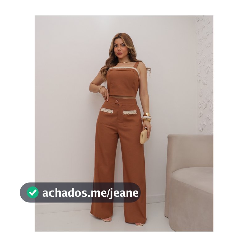 Conjunto Feminino Linho Cropped e Calça Com Bojo Moda Verão 3RD SD1624