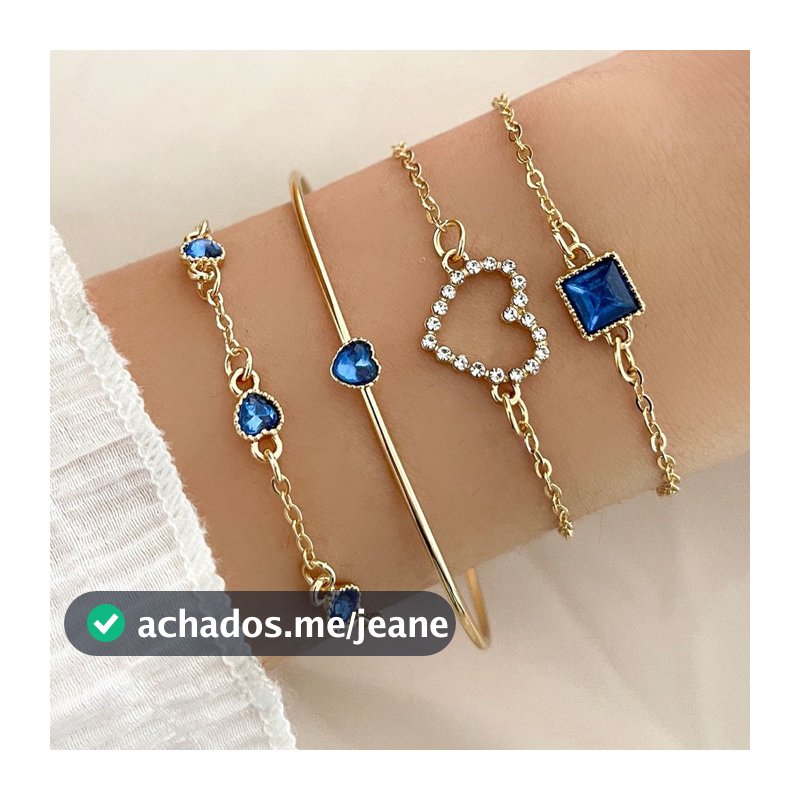 4pcs/set Vintage Trend Rhinestone Square Heart Bracelets Para Mulheres Pulseiras De Festa Azul Verde Bangle Acessórios
