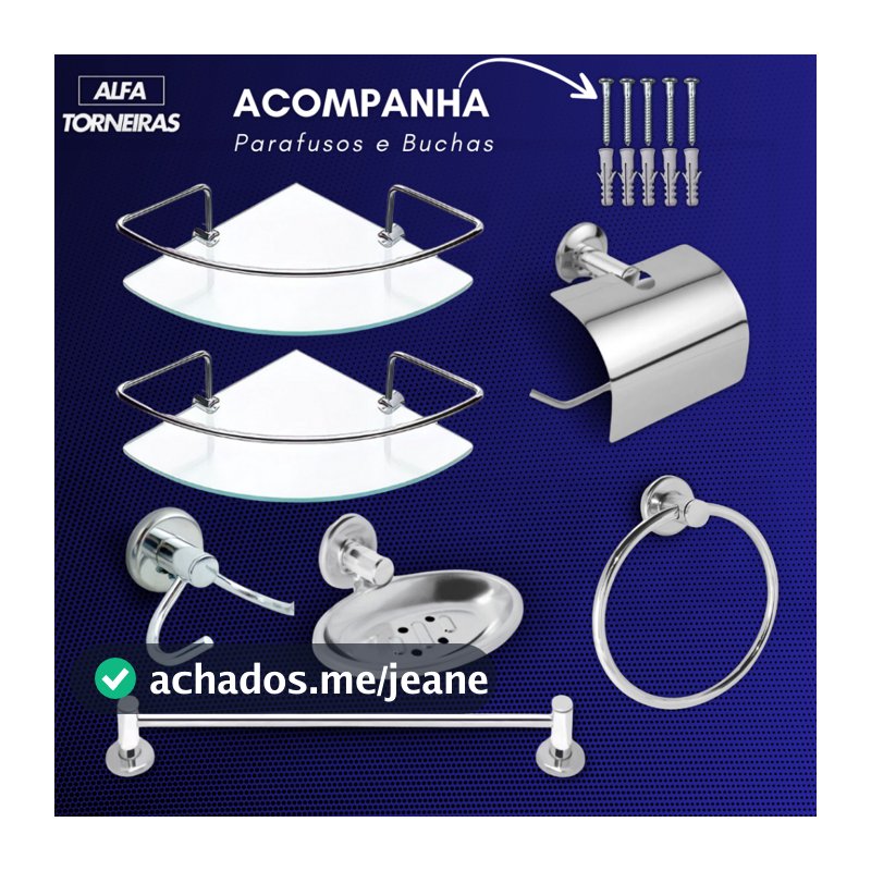 Kit Acessório Banheiro 5 Peças Inox + 2 Porta Shampoo Prateleira Canto Vidro Temperado