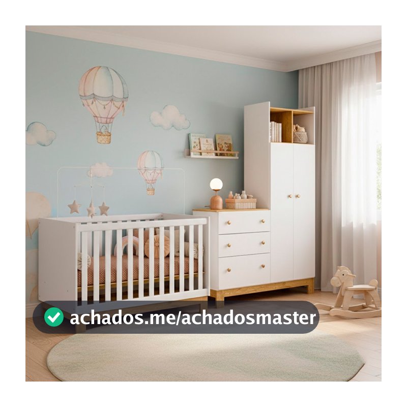 Quarto Bebe Infantil Q Encanto Berço Vira Cama e Guarda Roupas com Cômoda Qmovi