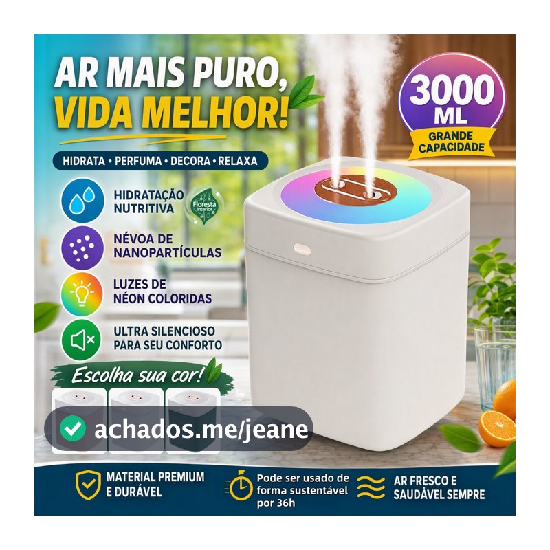 Umidificador Grande 3 Litros Saída Dupla Luzes LED's Coloridas Silencioso Aromatizador 3000ML