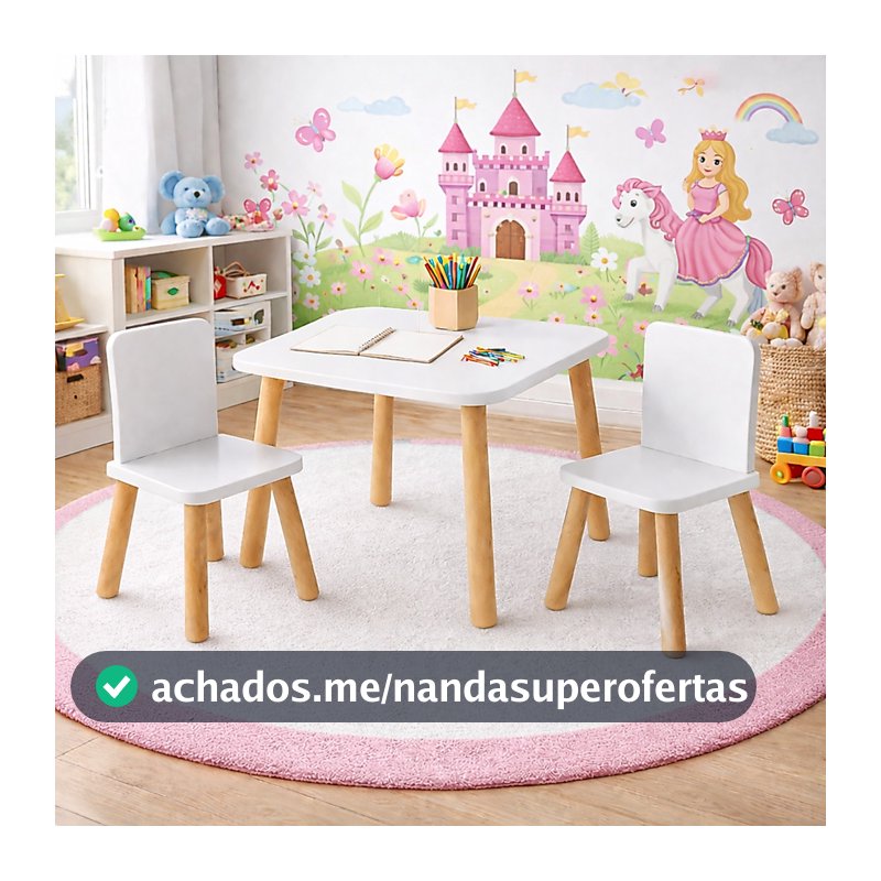 Mesa Infantil 60x60 MDF Com 2 Cadeiras Branca Pés Madeira Criança Resistente Educativo