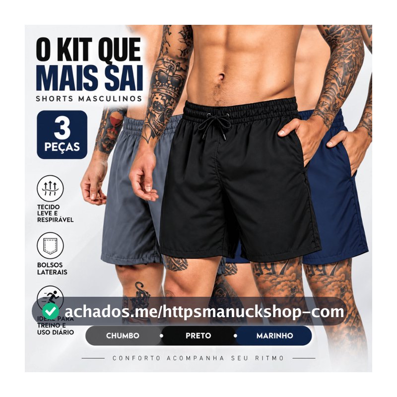 Kit 3 Shorts Tactel Masculino com Elastano Academia Corrida Caminhada Treino Bermuda Esportiva