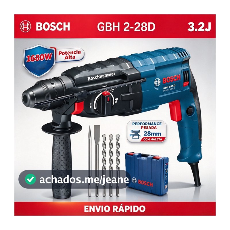 Martelete Rompedor Bosch 1680W 3,2J SDS Plus Profissional para Reforma + Maleta + 5 Brocas + Cinzel