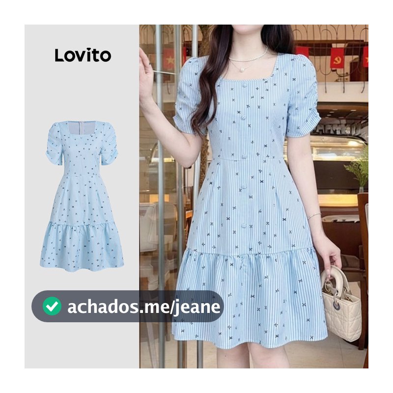 Lovito Listrado Elegante Vestido Com Babados Na Bainha Confortável E Estiloso Azul Claro Primavera/Verão LK4ED1823