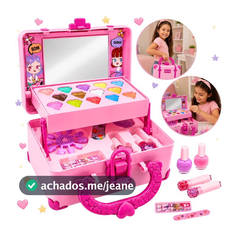 Maleta De Maquiagem Infantil Lavável Com Espelho Kit Completo 32 Peças Antialérgica Presente Menina