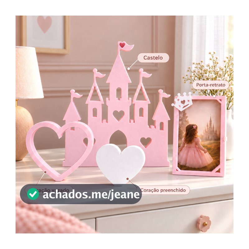 Kit Decoração Quarto Princesa Menina Porta Retrato Castelo Coração 4 Peças