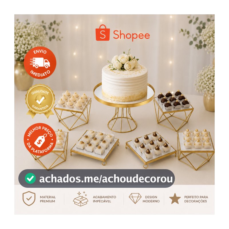 Kit 7 Peças Boleira e Doceiras Espelhadas Dourada Suporte Completo para Festas Aniversario Casamento