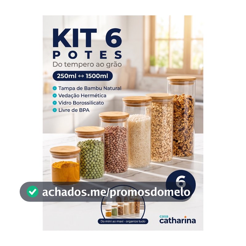 Kit Completo 6 Pote de Vidro Hermetico Tampa Madeira Bambu Organizador de Cozinha