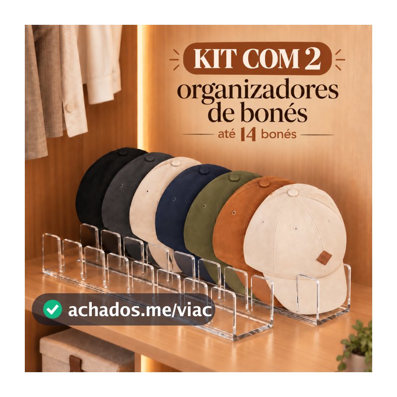 Kit 2 Suportes Organizadores de Bonés Acrílico Até 14 Bonés Closet Guarda-Roupa Loja