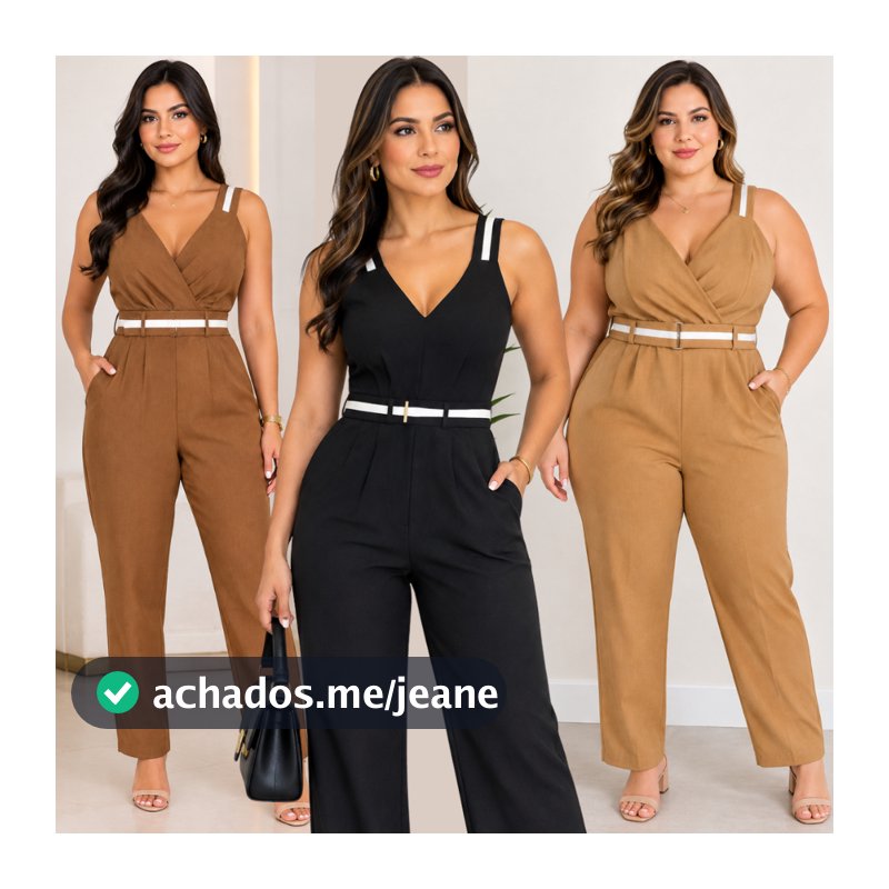 Macacão Feminino em Tecido de Alfaiataria com Cinto e Bolsos Funcionais Elegante Moda Social
