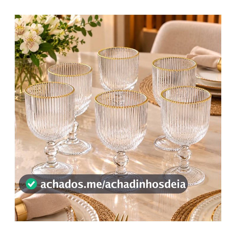 KIT 6 Taça com Borda Dourada 340ml Canelado