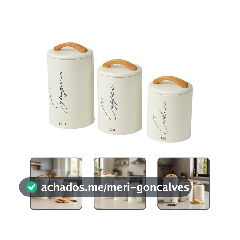 Kit 3 Potes Herméticos Mantimentos Lata Com Tampa E Alça Em Bambu Açúcar Café E Cookies