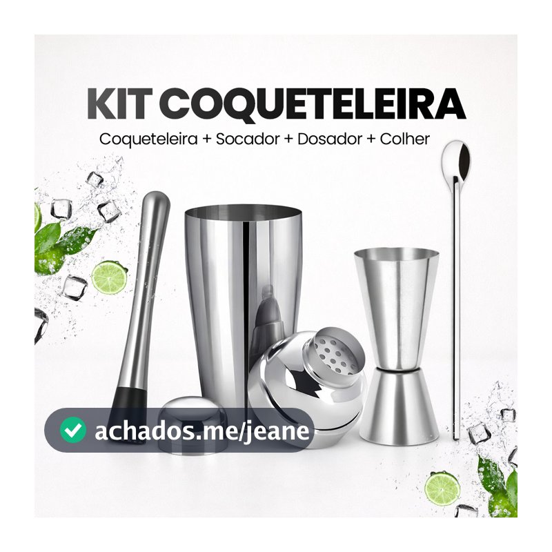Kit Coqueteleira Inox até 820ml Caipirinha Profissional Barman 4 Peças Profissional Socador Dosador