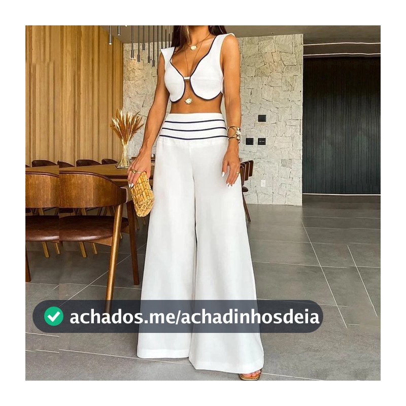 Conjunto Feminino De Duas Peças Listrado Topo De Colheita Elegante 2 E Calças Na Moda Bandeau Com Detalhe Babado Cintura