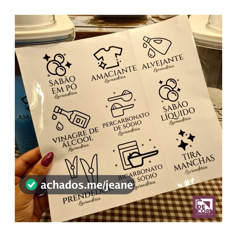 Kit Etiquetas Transparentes Lavanderia Impermeáveis Organização Potes Sabão Amaciante Clean Moderno
