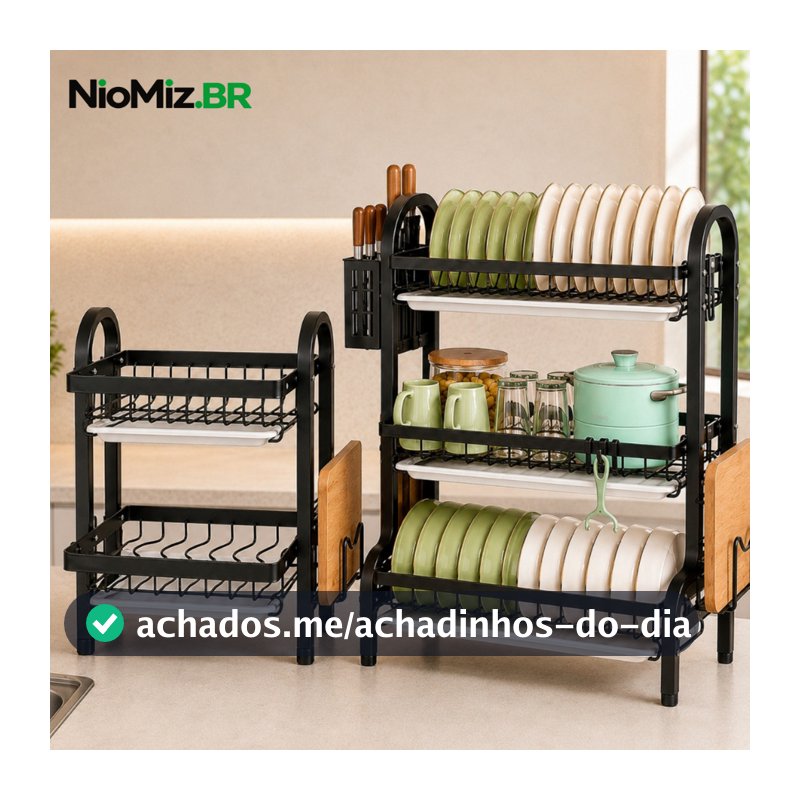 Escorredor de Louças 2/3 Andares Aço Carbono 42/55cm com Bandeja Porta-Talheres e Porta-Tábuas