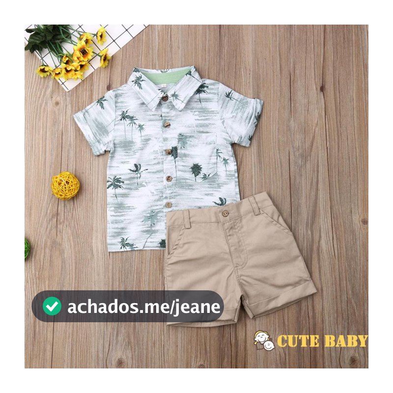 Conjunto De Verão Para Infantil Bebês Meninos Mangas Curtas Camisa Estampada Com Coqueiro E Shorts Cáqui, 1-6 Anos