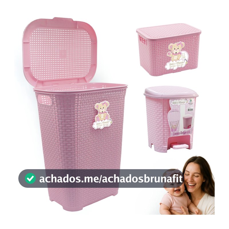 Kit Cesto Roupas Bebê Organizador Infantil Rattan Lixeira