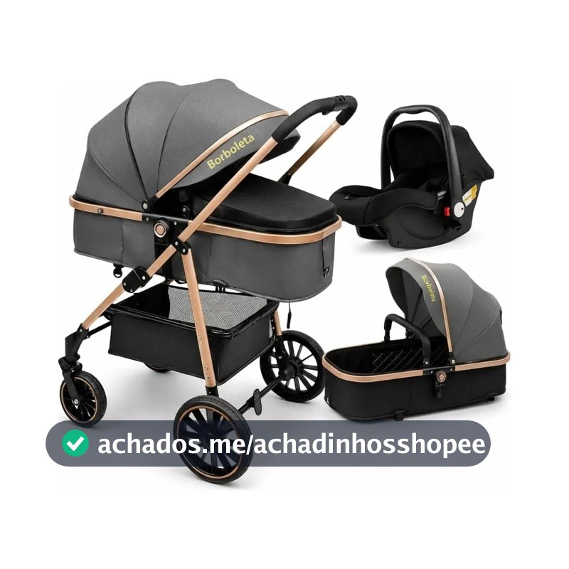 Carrinho De Bebê 3 Em 1 Premium Luxo Moisés + Bebê Conforto Completo Reclinável Rodas Com Amortecedor Kit Enxoval Segura