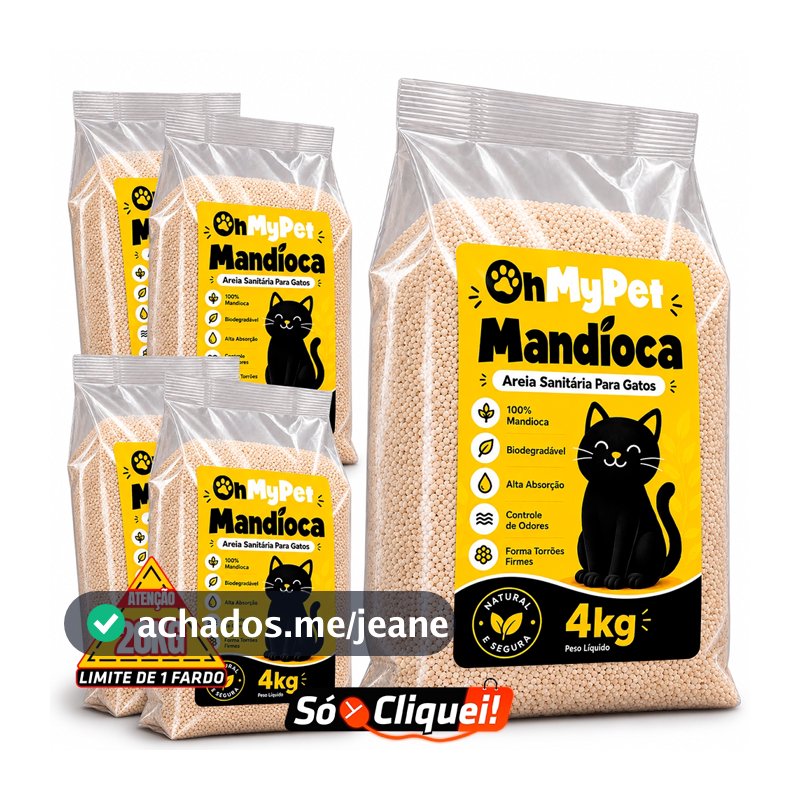 Kit 5 Pacotes Areia Sanitária de Gato OhMyPet 20KG Mandioca Granulado Biodegradável Evita Odores Forma Torrão Firme