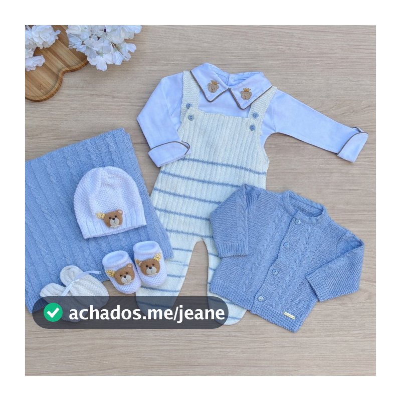 Saída de Maternidade Menino Listradinha Urso Príncipe Dinhos Baby Tricot 7 Peças