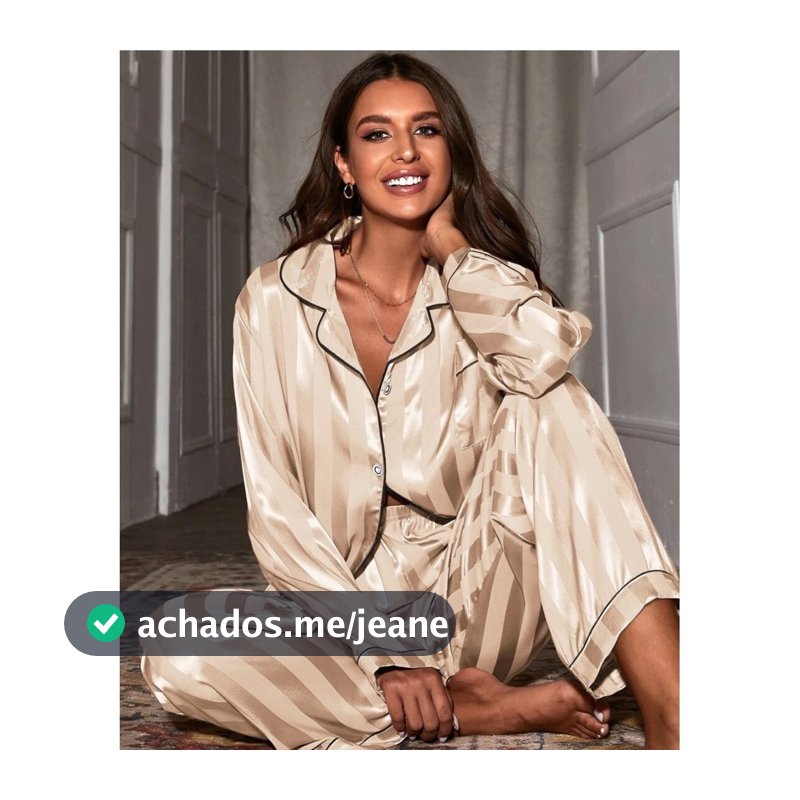 Pijama Feminino Americano Afrodite Cetim Listrado Calça com Manga Longa - Dourado