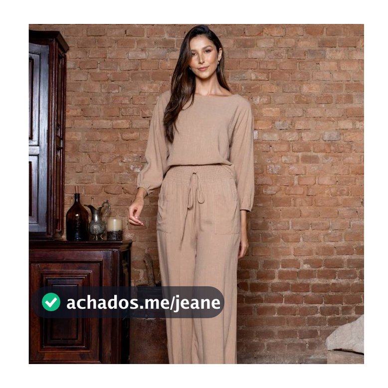 Conjunto em Linho Misto: Pantalona e Blusa Decote Canoa, Manga 3/4