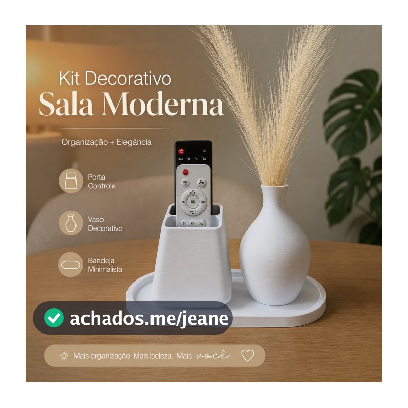 Kit Decorativo Sala Porta Controle + Bandeja + Vaso com Capim do Pampa | Organizador Moderno