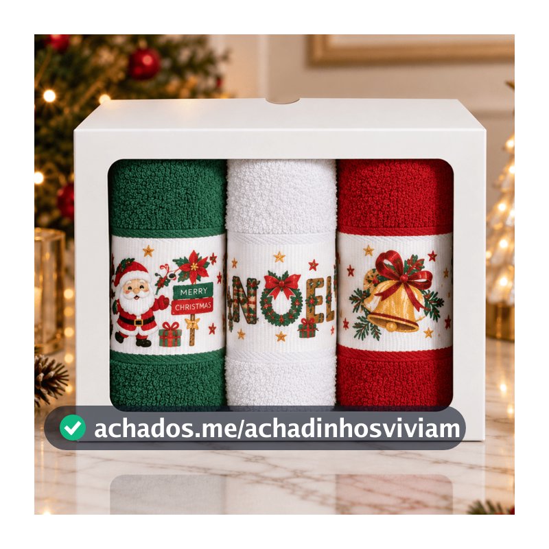 Kit 3 Toalha Lavabo Caixa Decoração Presente Natal 100% Algodão 26x47cm