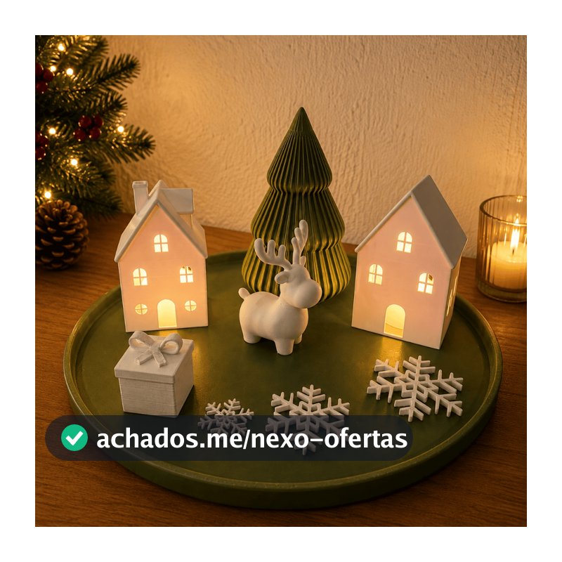 Kit Decoração Natalina com Casinhas Iluminadas, Árvore, Alce e Bandeja – Enfeite de Natal Branco e Verde Oliva