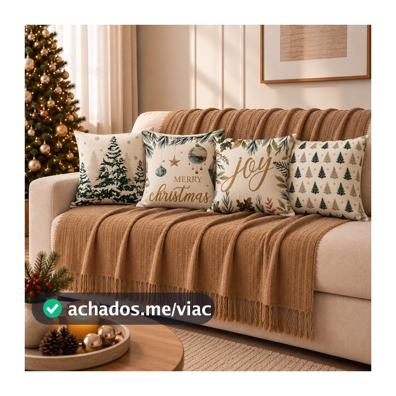 Kit Manta Decorativa 1,40x1,70 + 4 Capas de Almofada Natal 43x43 para Sala e Sofá Decoração Natalina