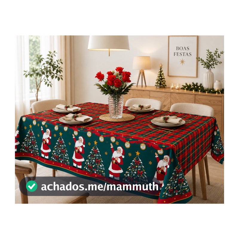 Toalha de Mesa Natalina 4, 6 e 8 Lugares Oxford Natal Estampada Papai Noel Vermelho Verde