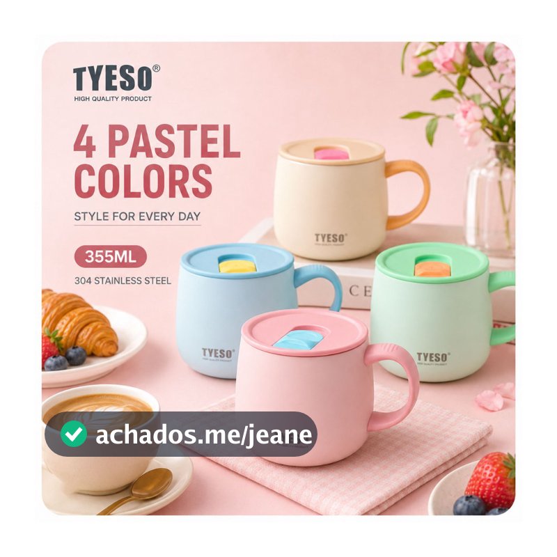 Caneca TYESO Copo Térmico 355ml Revestimento Interno de Cerâmica Tampa de abertura facilitada