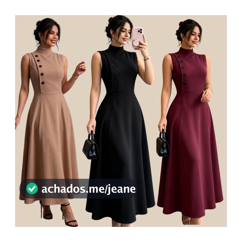 Vestido Midi Alfaiataria Feminino Gola Alta Elegante Festa Social com Botões