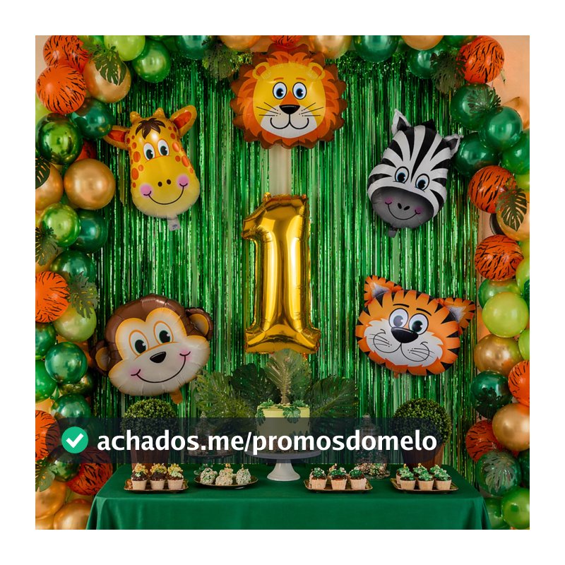 Kit Decoração Safari c/ 2 Cortinas, Balão Número, 5 Balões Animais 35 cm, festa, aniversário, mesversario