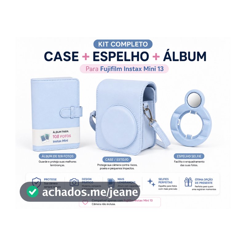 Kit Case Estojo + Espelho Selfie + Álbum 108 Fotos Para Fujifilm Instax Mini 13