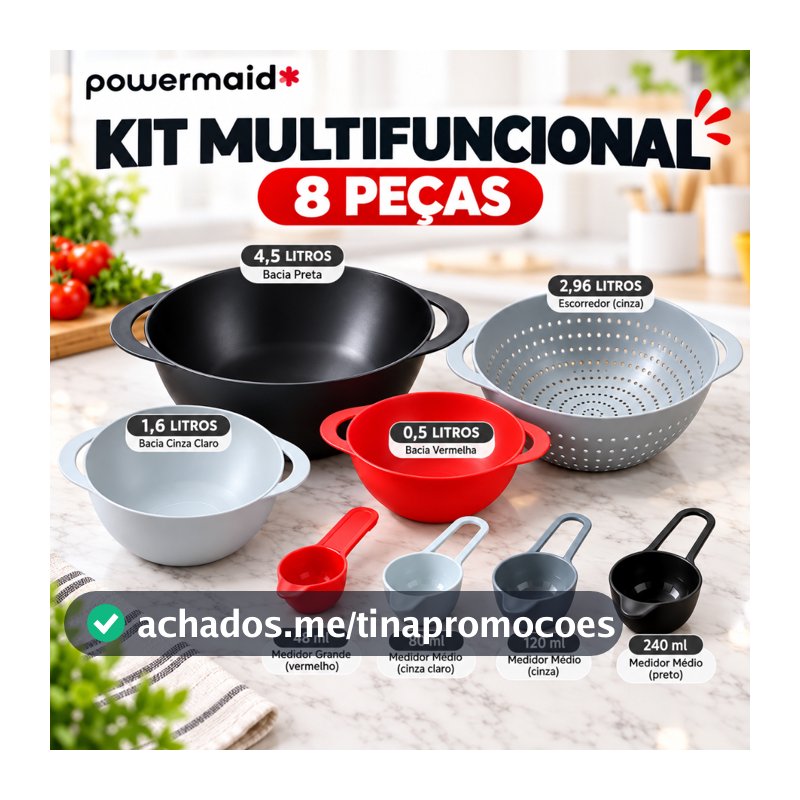Kit Multifuncional 8 Peças Powermaid Tigelas Bowls Escorredor Medidores Cozinha Acoplável
